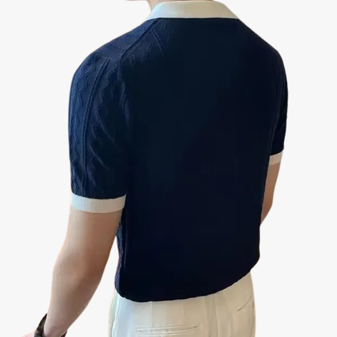 TWO-TONE CABLE-KNIT POLO SHIRT