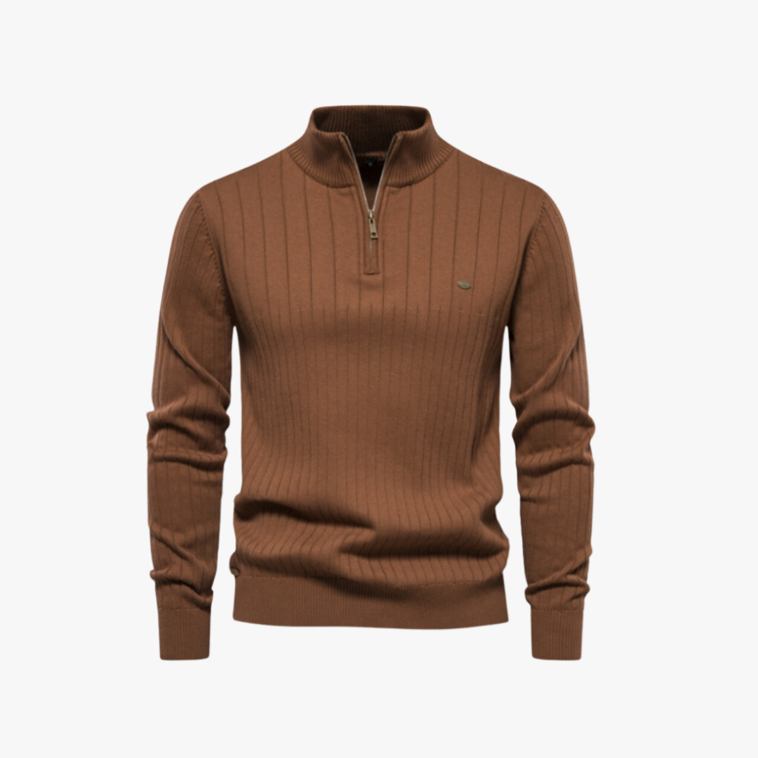 RIB-KNIT QUARTER ZIP SWEATER
