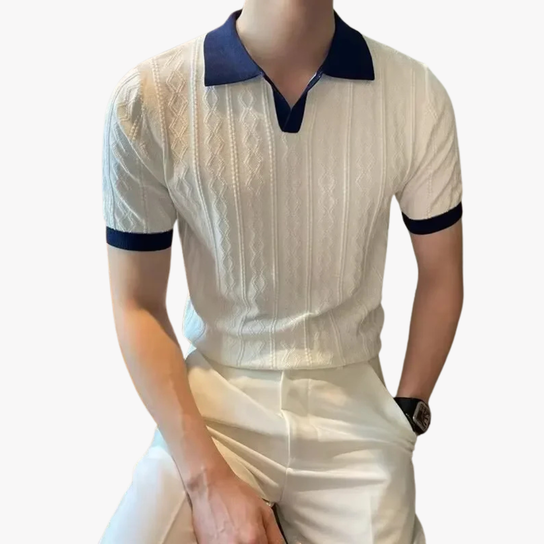 TWO-TONE CABLE-KNIT POLO SHIRT