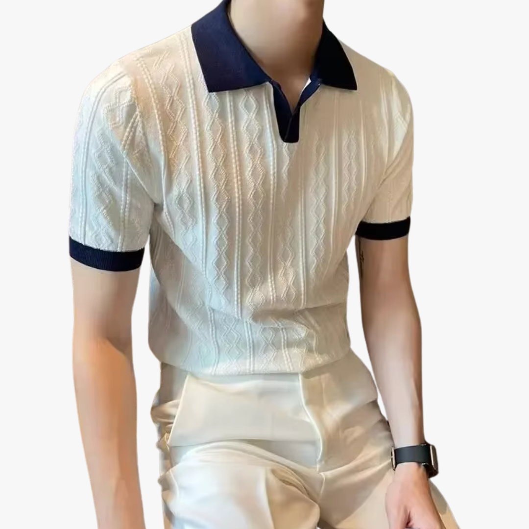 TWO-TONE CABLE-KNIT POLO SHIRT